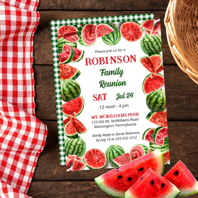 Convites Quadro das Melancias de Verão | Controla a união f (Fresh Summer Watermelons Frame | Back Green and White Gingham Checks Family Reunion Invitation)