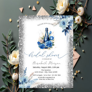 Convites Quadro de Brilho de Garrafa de Vinho Floral Azul B