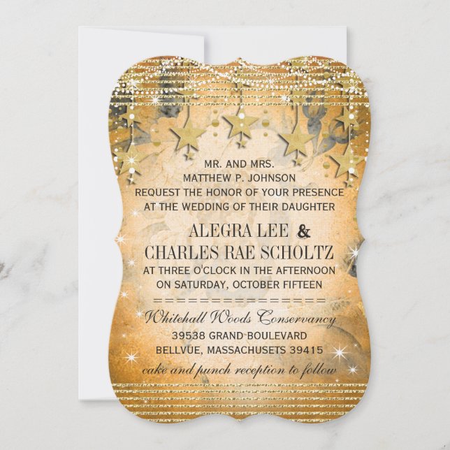 Convites Quadro de Casamento Dourado rosa sob as Estrelas (Frente)