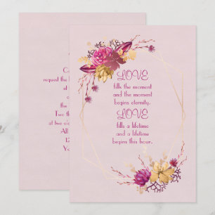 Convites Quadro de casamento floral rosa com borda dourada