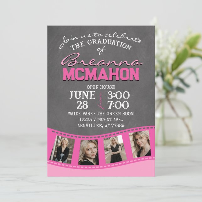 Convites Quadro de Chalkboard Rosa 5 Graduação de Imagem (Em pé/Frente)