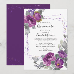Convites Quadro de Confetes de Rosa Roxa Floral Quinceanera