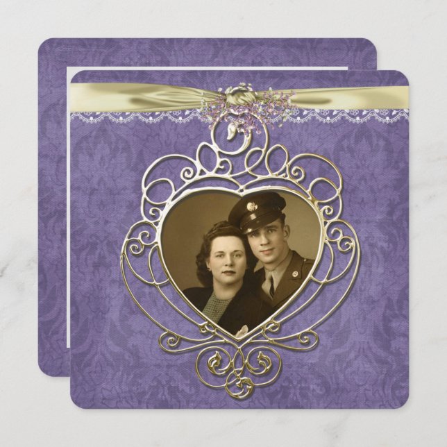 Convites Quadro de coração de ouro antigo (Frente/Verso)