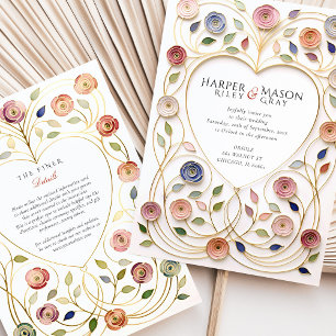 Convites Quadro de Coração Dourado Floral Esmalte Casamento