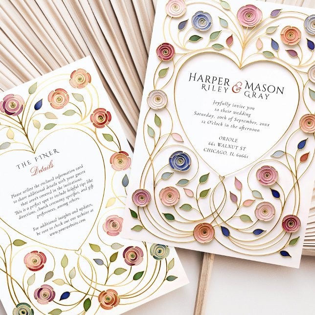 Convites Quadro de Coração Dourado Floral Esmalte Casamento (Criador carregado)