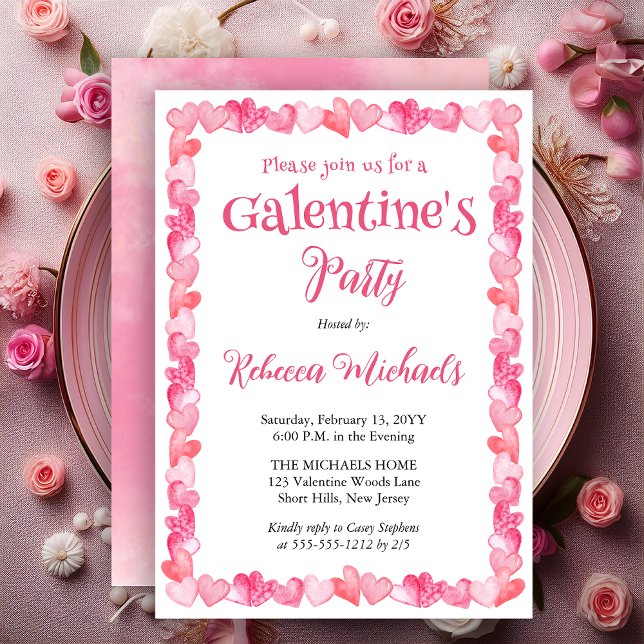 Convites Quadro de Corações para Festa de Galentine's Day (Sweet Hearts Frame Galentine’s Party Invitation | Pink Watercolor Valentine Invite - Print Digital)