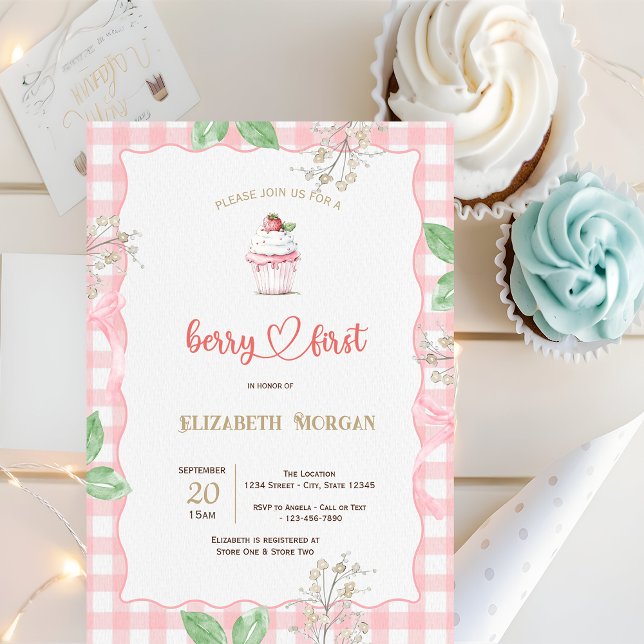 Convites Quadro de Cupcake de Morango Xadrez Baby Shower  (Criador carregado)