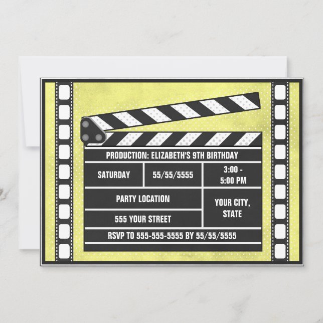 Convites Quadro de Festas de aniversário de filmes amarelo (Frente)