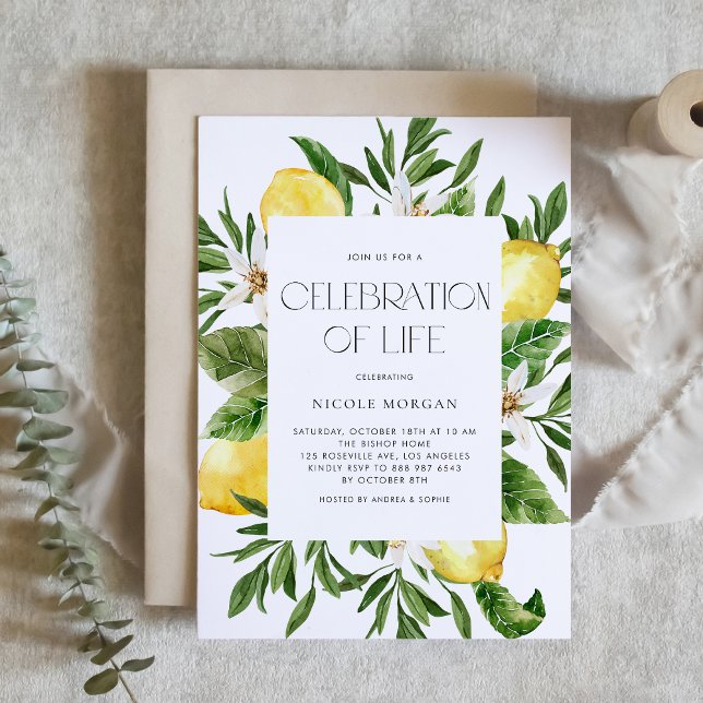 Convites Quadro de Flor de Limão em Aquarela Celebração da  (Custom Celebration of Life invitation featuring watercolor lemons, blossoms, and greenery.)