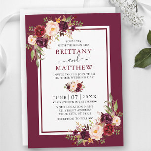 Convites Quadro de Floral Aquarela Burgundy para Casamento