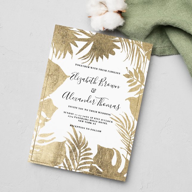 Convites Quadro de folhas de ouro branco tropical casamento (Tropical white gold leaf frame floral wedding)