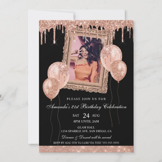 Convites Quadro de Foto com Drip em Dourado Rosa e Preto Br (Frente)