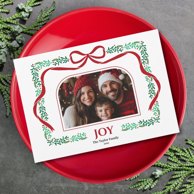 Convites Quadro de Foto da Fita de Fita de Natal de Joy Arc (christmas red bow and greenery arch photo frame)