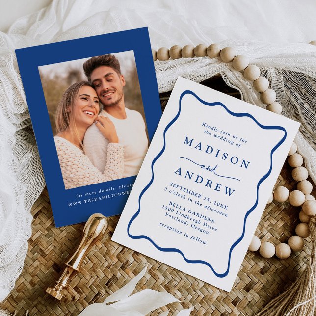 Convites Quadro de Foto de Casamento Azul Ondulado Moderno (Criador carregado)