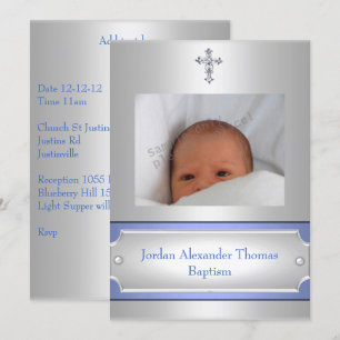 Convites Quadro de Fotos Branco Metálico Cruz Baptism Azul