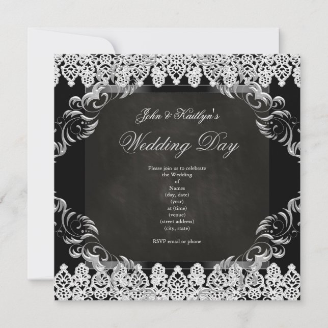 Convites Quadro de Giz de Casamento Preto Renda Vintage Pra (Frente)