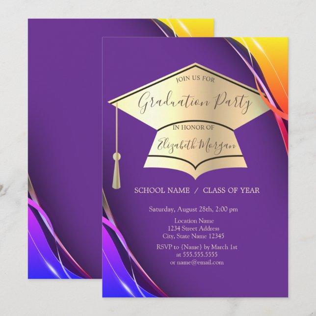 Convites  Quadro de Graduação Dourado com Tampa Violeta Gra (Frente/Verso)