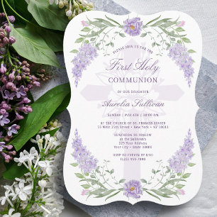 Convites Quadro de Lilás Floral Primeira Comunhão Sagrada C