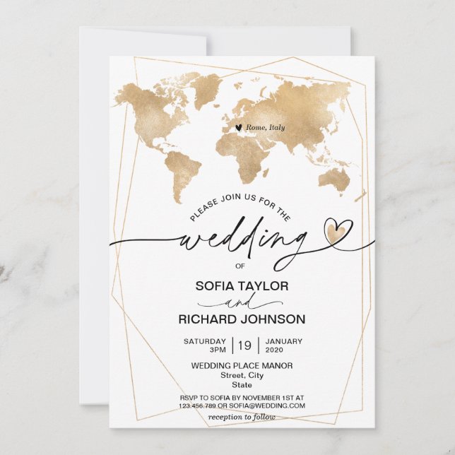 Convites Quadro de Mapa Mundial Destino de Casamento Dourad (Frente)