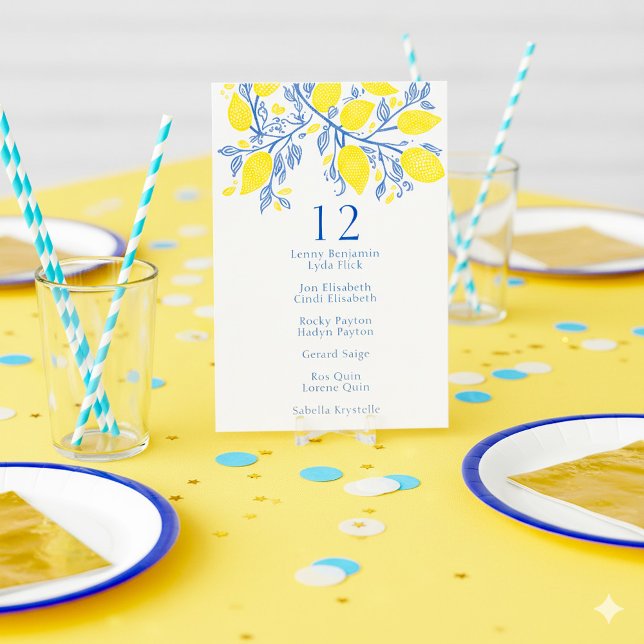 Convites Quadro de mesas das vinhas de limão azul e amarela (Bright and colorful, yellow lemons, blue vines table number name chart card.)