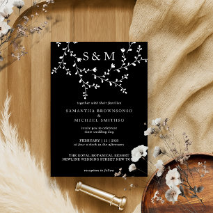 Convites Quadro de Monograma Floral Elegante em Branco Pret