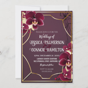 Convites Quadro de Ouro da Orquídea Burgundia de Casamento
