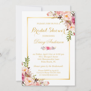 Convites Quadro de Ouro Floral Chic do Chá de panela Casame