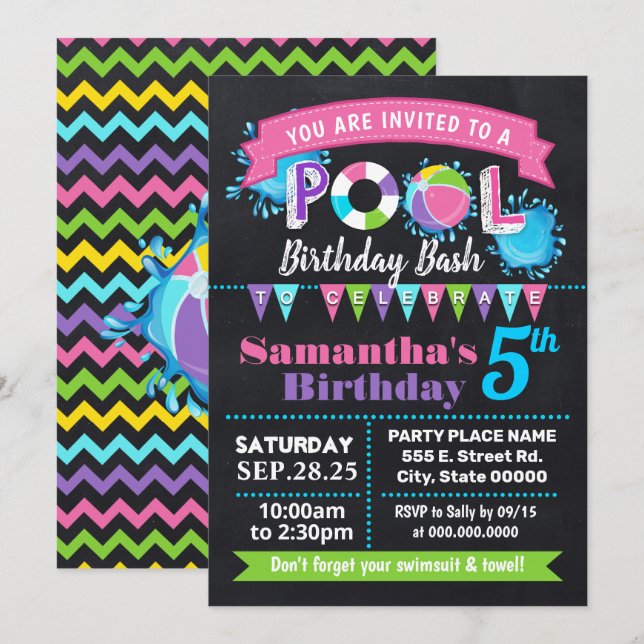 Convites Quadro de referência de aniversário de Piscina ros (Frente/Verso)