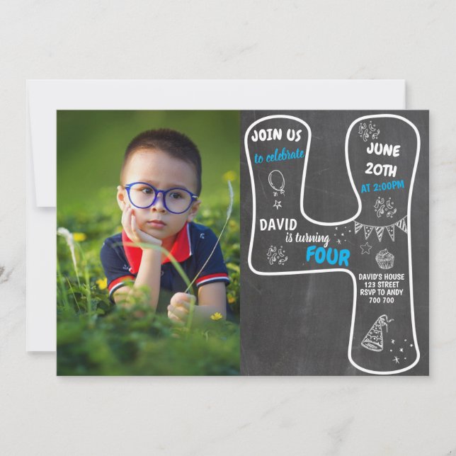 Convites Quadro de referência do 4.º aniversário com número (Frente)