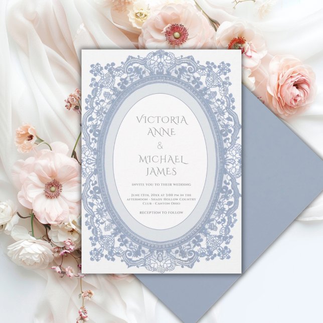 Convites Quadro de Renda Azul Caprichoso Casamento Vintage  (Criador carregado)