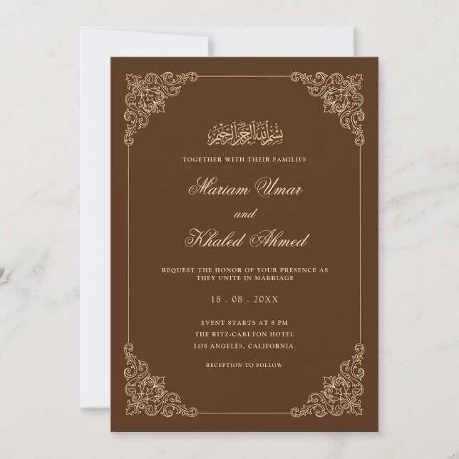 Convites Quadro de Renda Barroca Castanho Rústico Casamento (Frente)