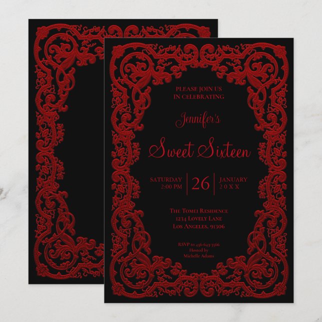 Convites Quadro de Renda Ornata Vermelha Sweet 16 (Frente/Verso)