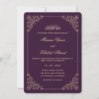 Convites Quadro de Renda Vintage Dourado Ameixa Roxo Casame