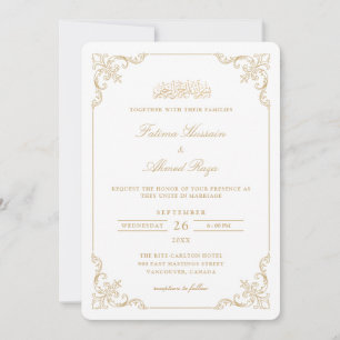 Convites Quadro de Renda Vitoriana Dourada Casamento Muçulm