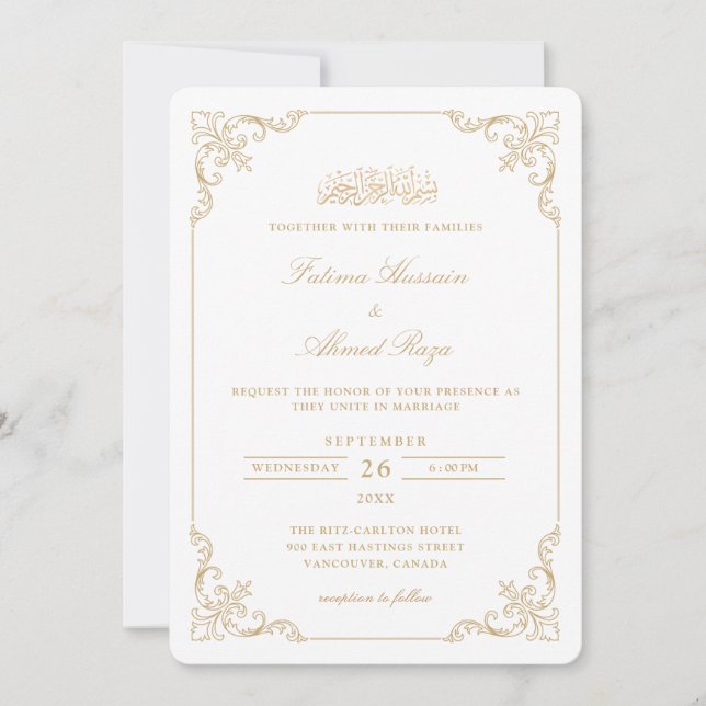Convites Quadro de Renda Vitoriana Dourada Casamento Muçulm (Frente)