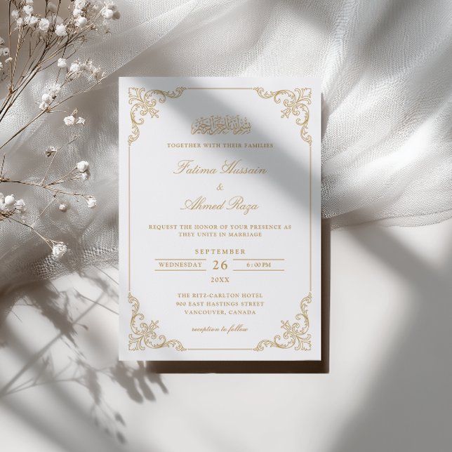 Convites Quadro de Renda Vitoriana Dourada Casamento Muçulm (Criador carregado)