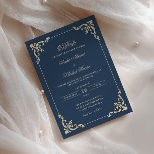 Convites Quadro de Renda Vitoriana Dourado Azul Marinho Cas