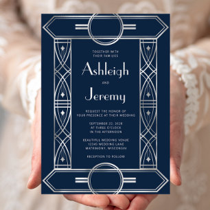 Convites Quadro Deco Vintage Prata Casamento Azul Marinho