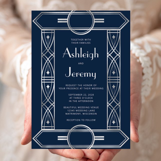 Convites Quadro Deco Vintage Prata Casamento Azul Marinho (Criador carregado)