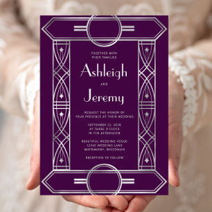 Convites Quadro Deco Vintage Prata Casamento Roxo