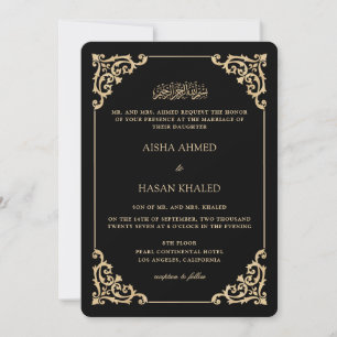 Convites Quadro Dourado Barroco Casamento Muçulmano Negro R