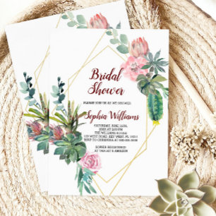 Convites Quadro Dourado Chá de panela Boho Cactus