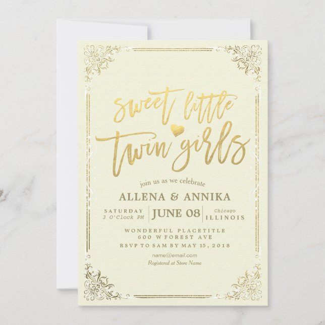 Convites Quadro Dourado das meninas gêmeas chás de fraldas (Frente)