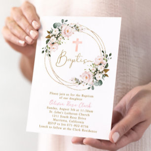 Convites Quadro Dourado de Batismo Floral Rosa Blush