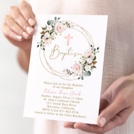 Convites Quadro Dourado de Batismo Floral Rosa Blush