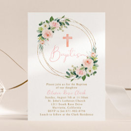 Convites Quadro Dourado de Batismo Floral Rosa Pêssego