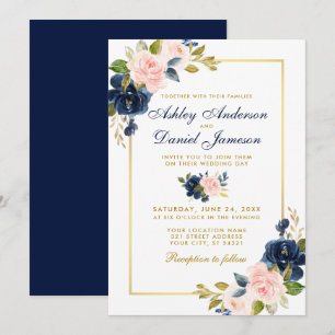 Convites Quadro Dourado de Casamento Elegante Azul-Blush Co