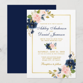 Convites Quadro Dourado de Casamento Elegante Floral Azul-B