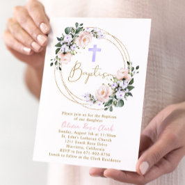 Convites Quadro Dourado do batismo floral rosa e Lavanda