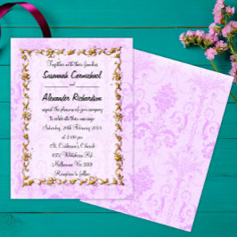 Convites Quadro Dourado e Casamento tema damasco Roxo